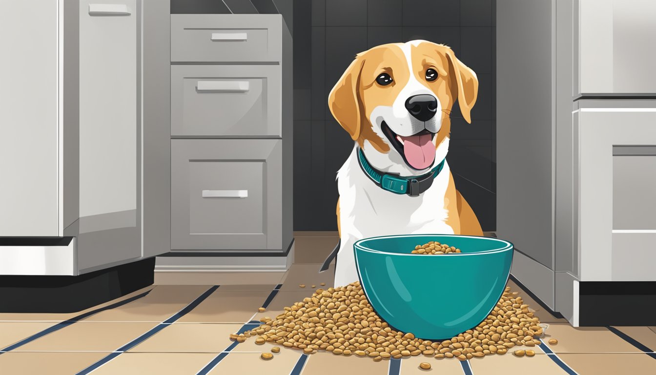 A dog happily eating Dollar General dog food from a clean bowl on a tiled kitchen floor