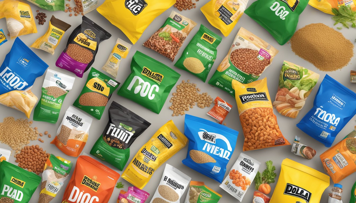 A pile of dog food bags with the Dollar General logo, surrounded by images of key ingredients like meat, grains, and vegetables