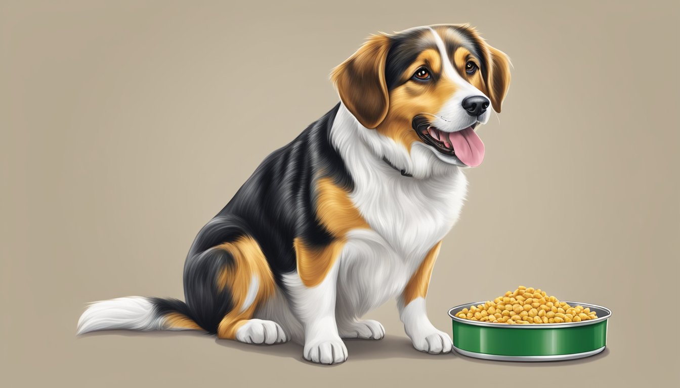 A happy dog eating Dollar General brand dog food, with a shiny coat and wagging tail