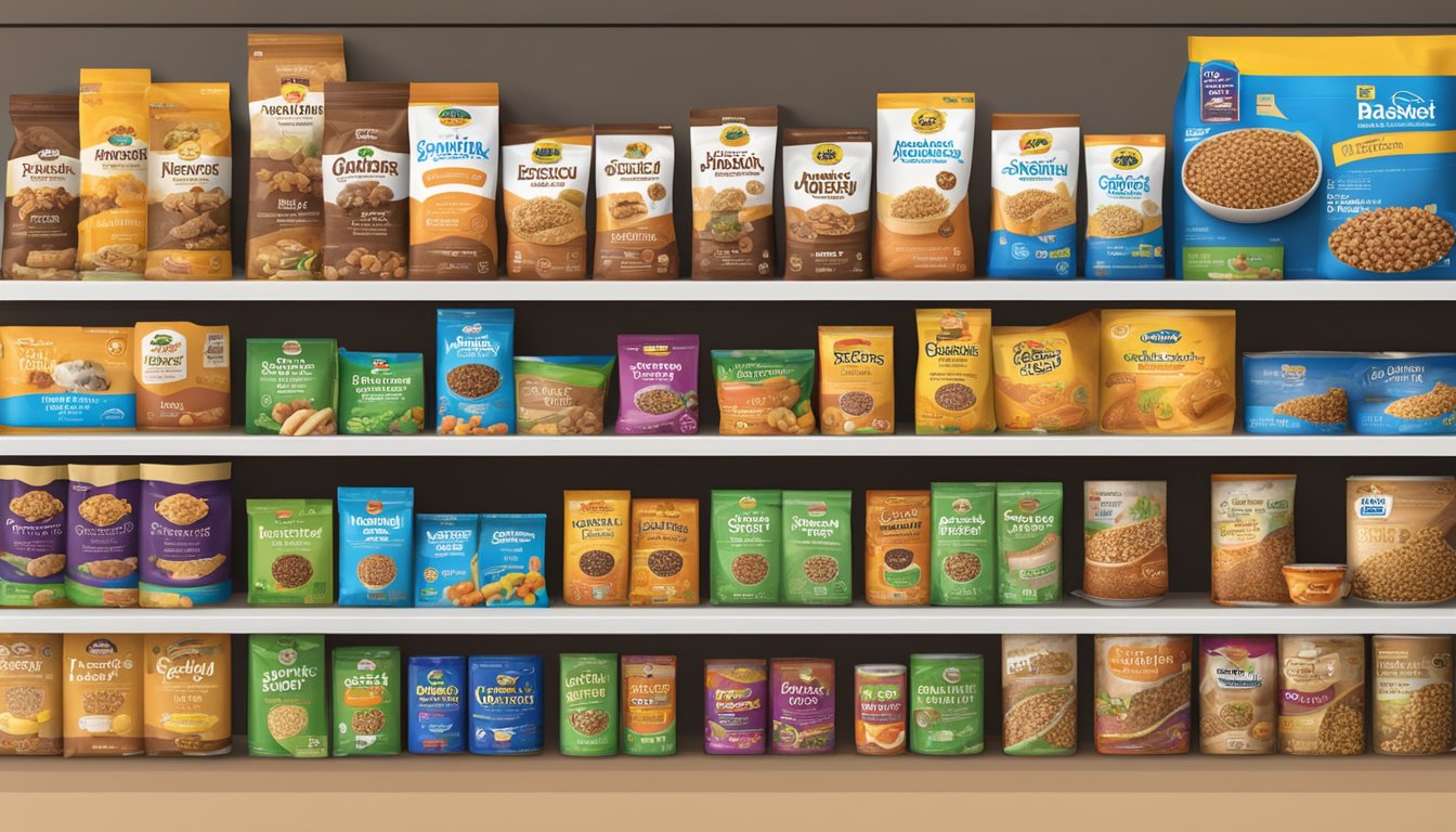 A variety of top brand dog food options displayed on shelves at Walmart