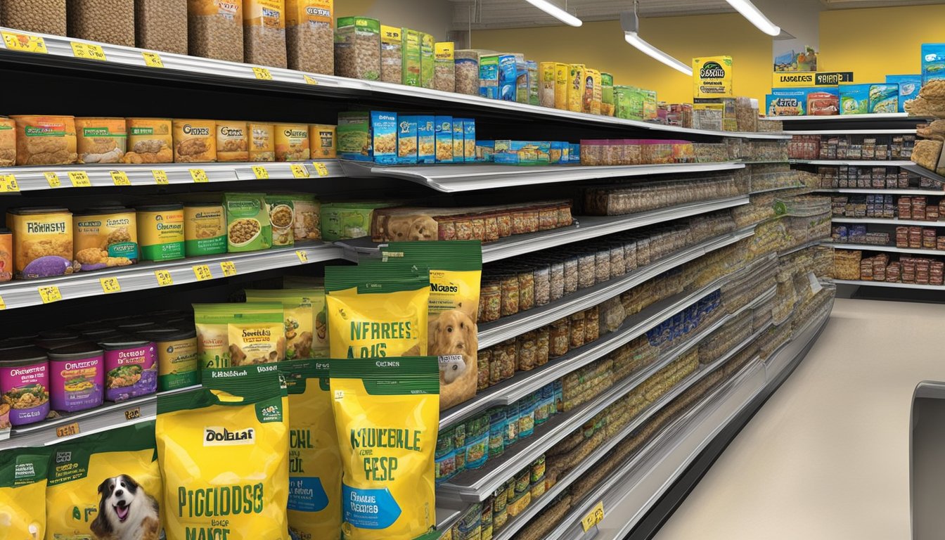 A variety of dog food options are displayed on shelves at Dollar General, including dry kibble, canned food, and treats