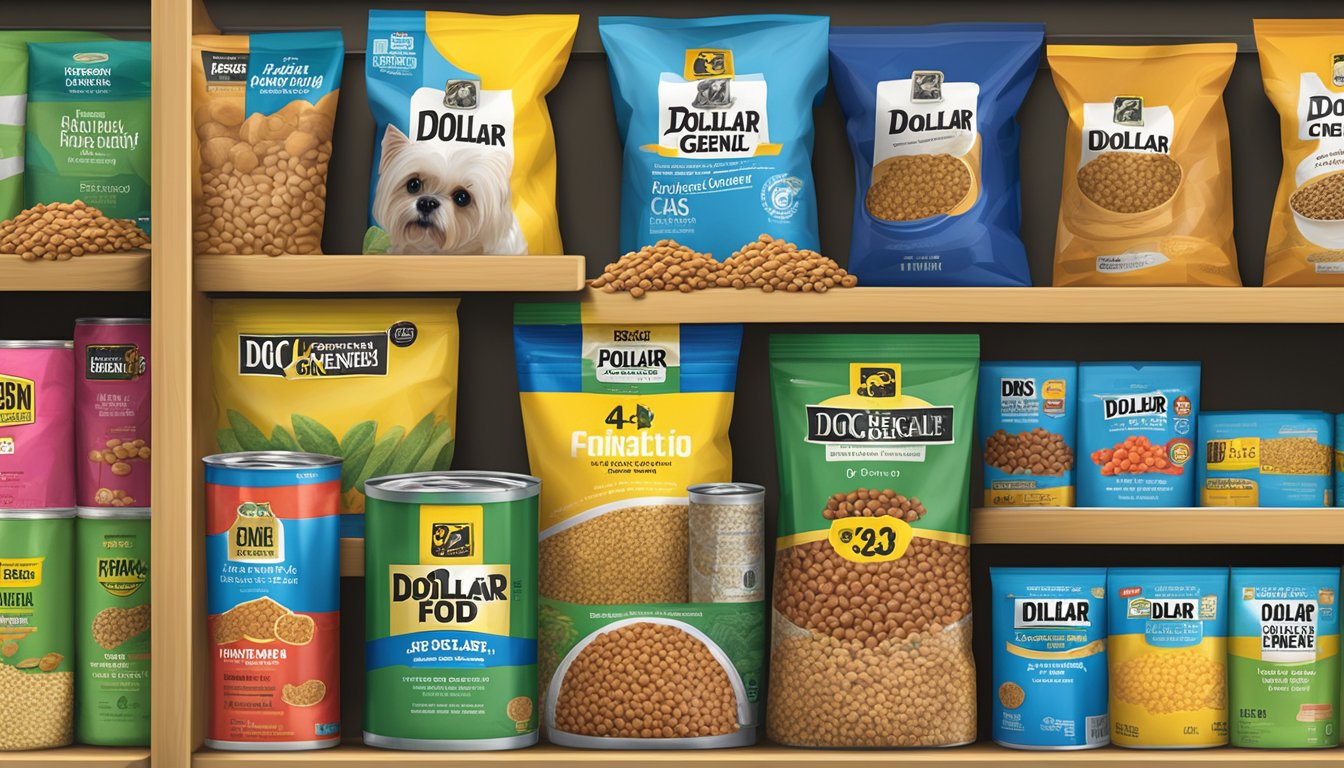 A shelf stocked with various bags and cans of Dollar General brand dog food