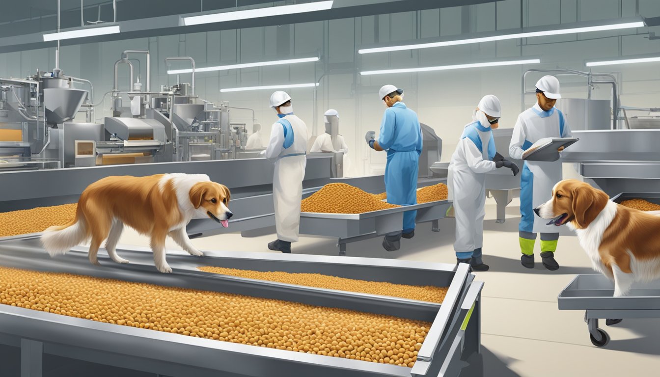 A dog food factory with workers in safety gear inspecting products on a conveyor belt for regulatory compliance