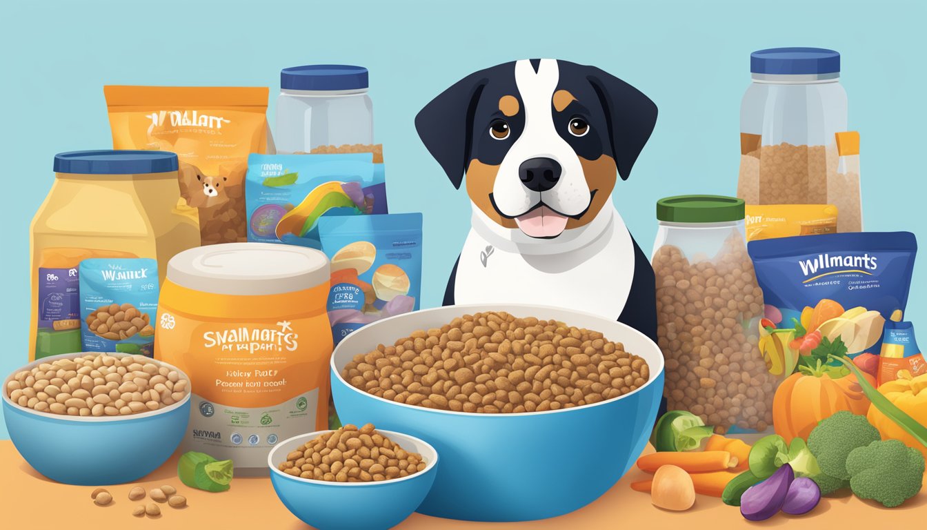 A bowl of Walmart dog food surrounded by colorful illustrations of special ingredients and benefits