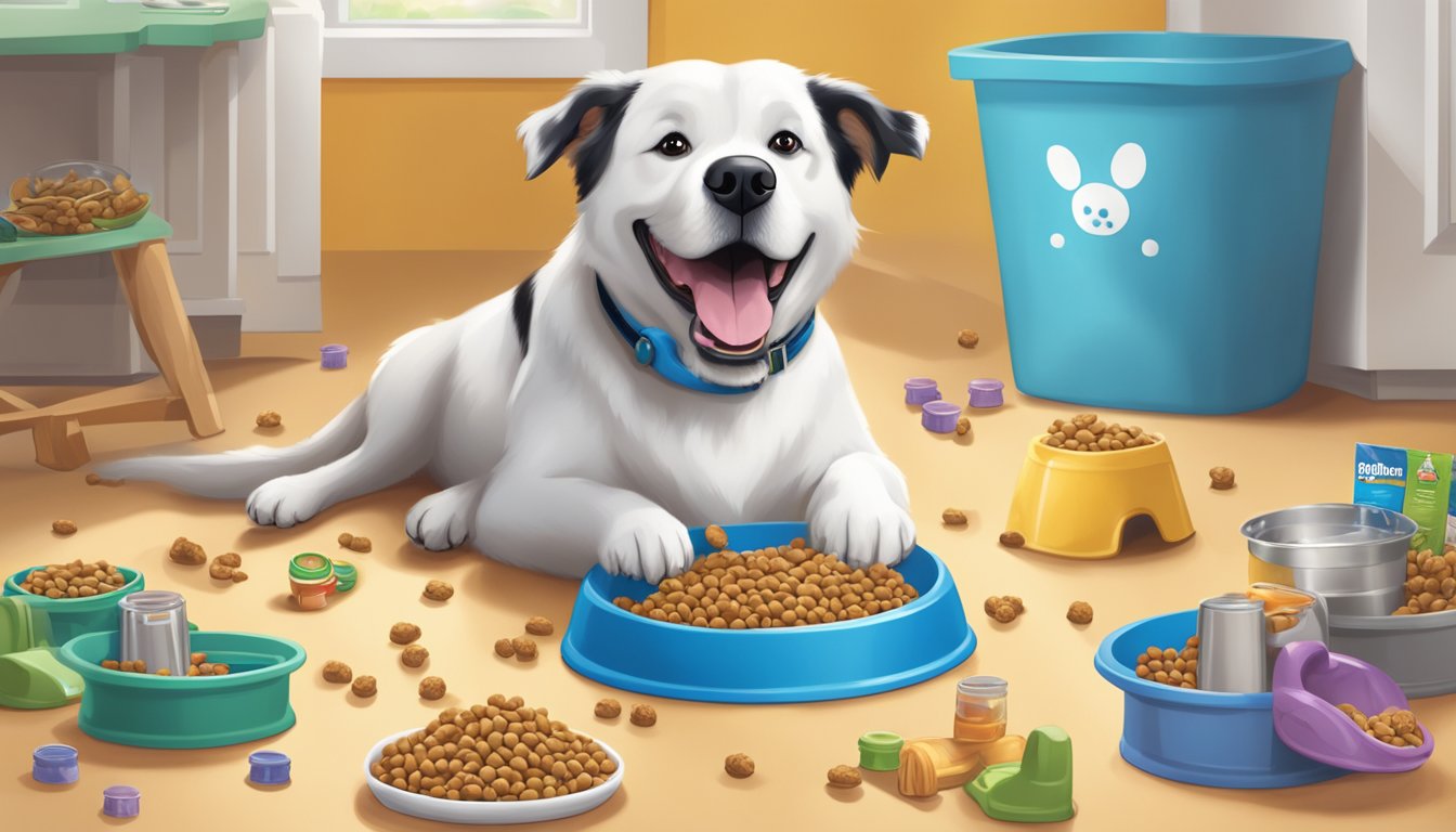 A happy dog eating Walmart dog food from a bowl, surrounded by toys and a water dish