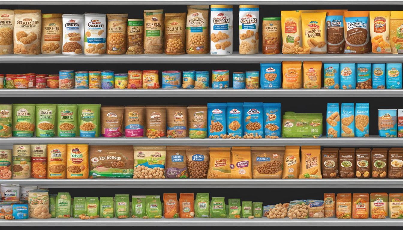 A variety of dog food products arranged on shelves in a Stater Bros. Markets store