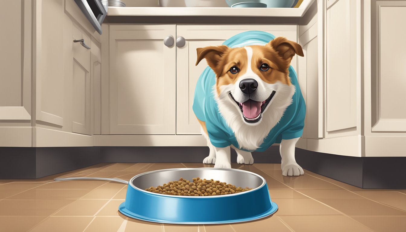 A happy dog eating Brookshire's dog food from a bowl on a clean kitchen floor