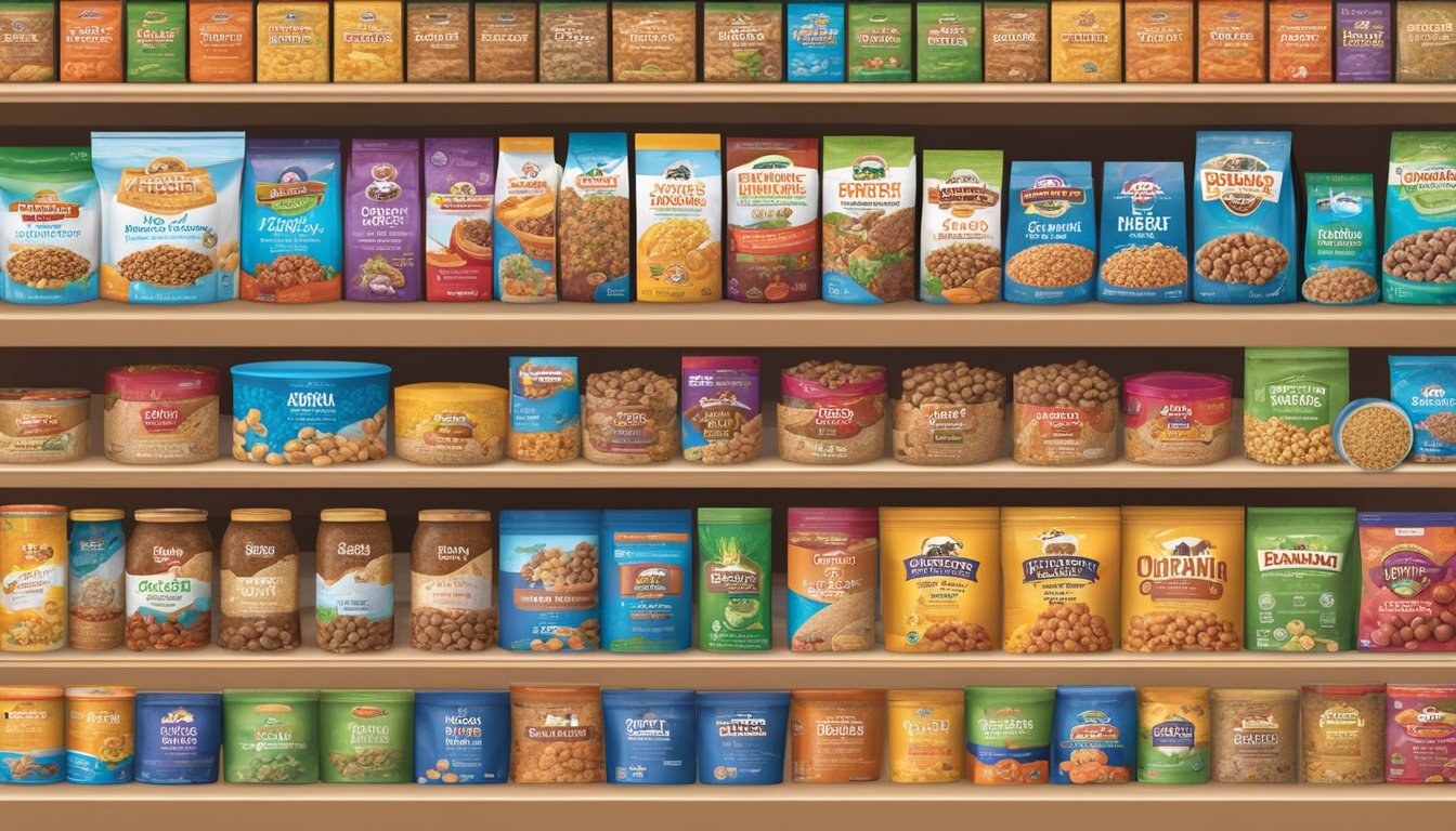 A variety of dog food brands and flavors line the shelves at Stater Bros. Markets, with colorful packaging and different sizes to choose from