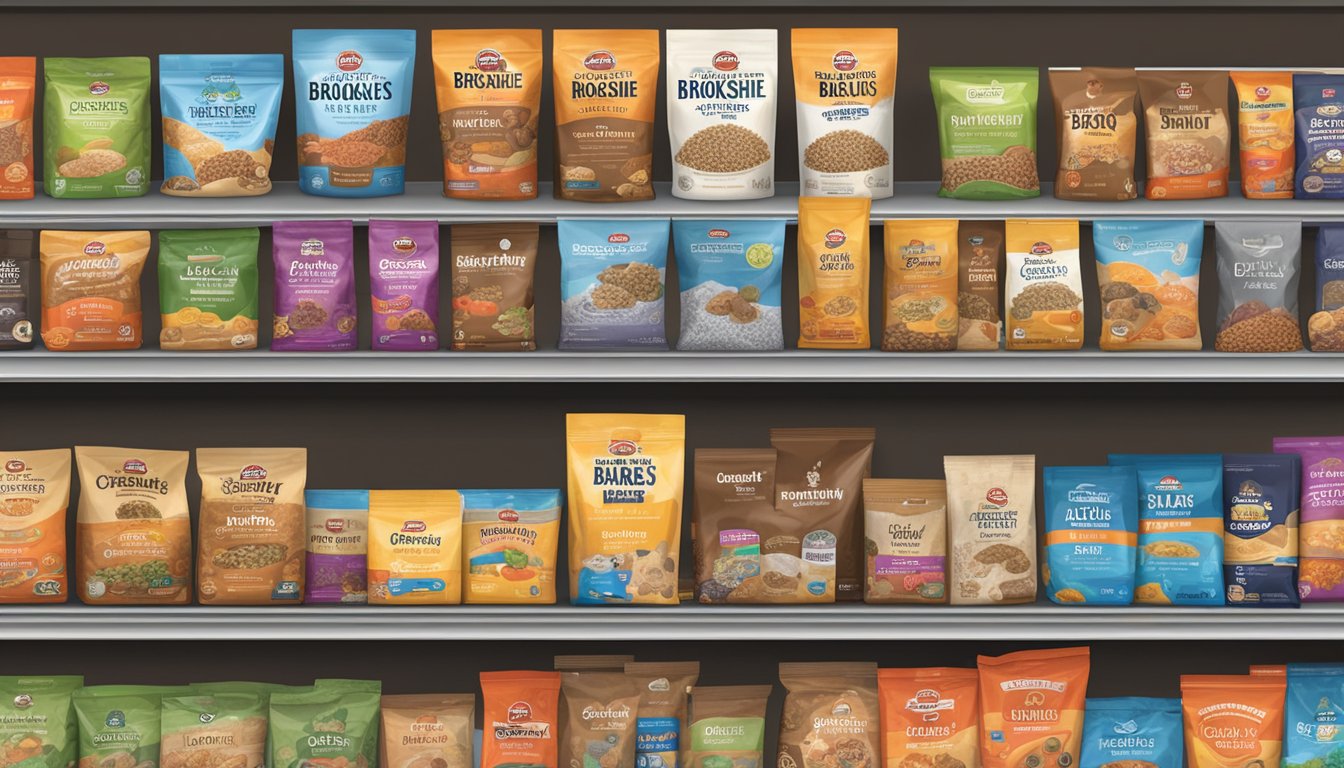 A shelf stocked with various bags of Brookshire's Pet Supplies dog food at a Brookshire Grocery Company store