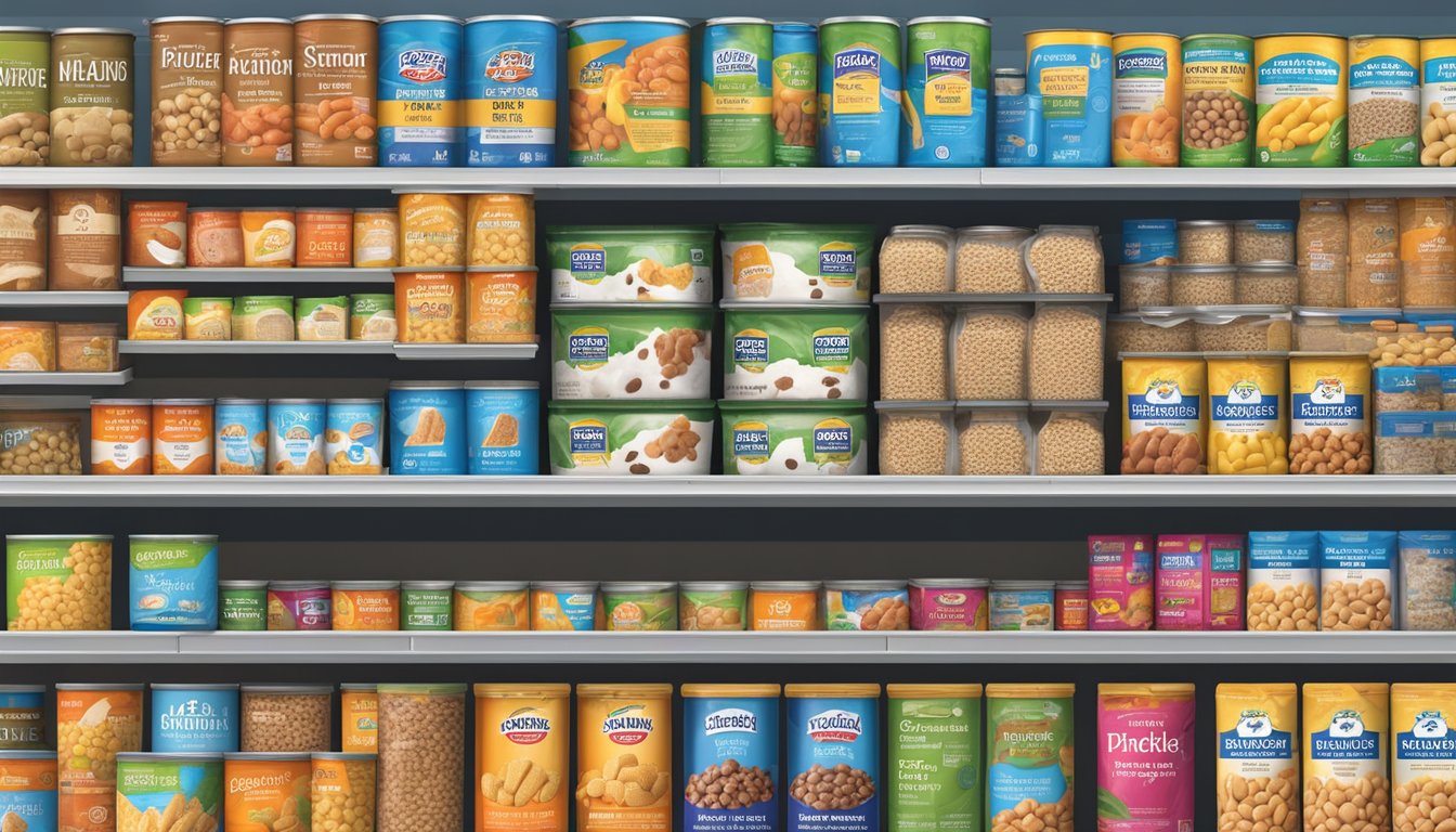 A variety of dog food cans and bags with nutritional labels displayed on shelves in a Stater Bros Markets aisle