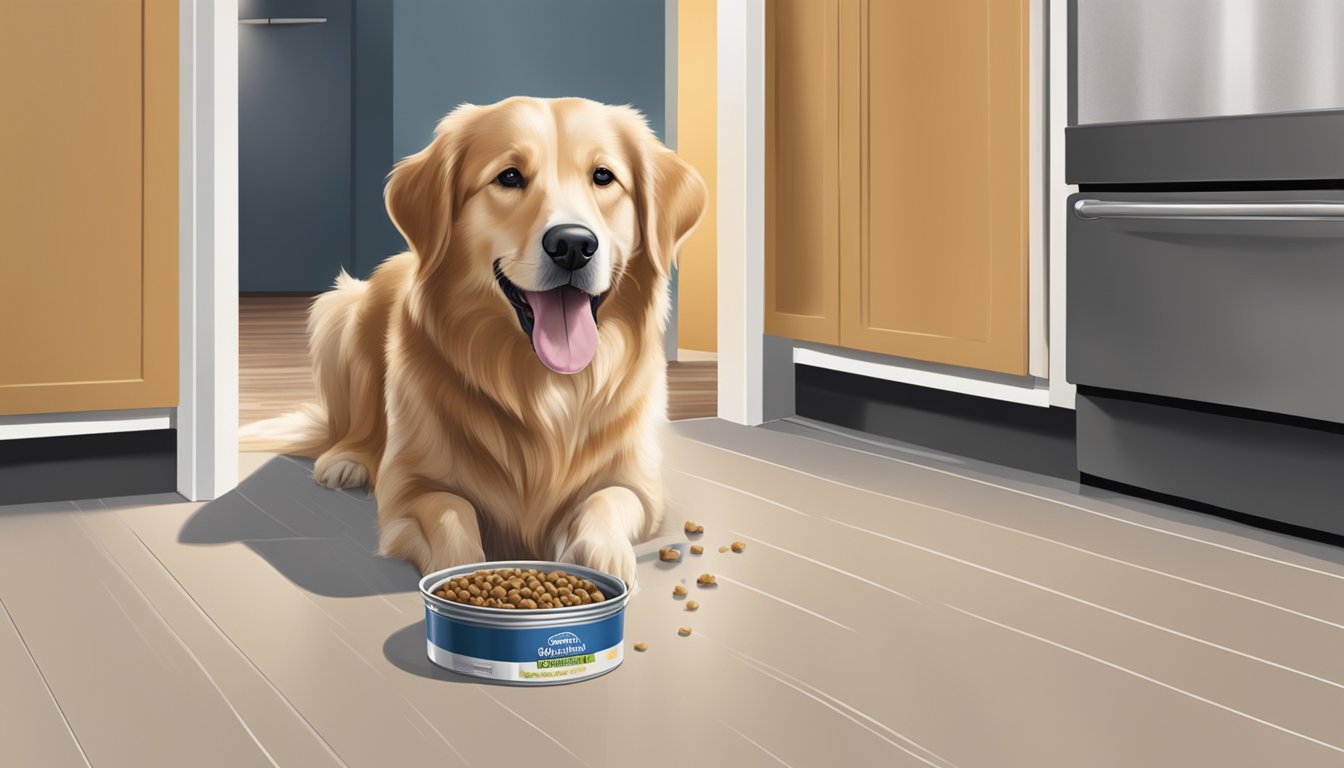 A dog happily eating Health and Nutrition dog food from Brookshire Grocery Company's bowl on a clean kitchen floor