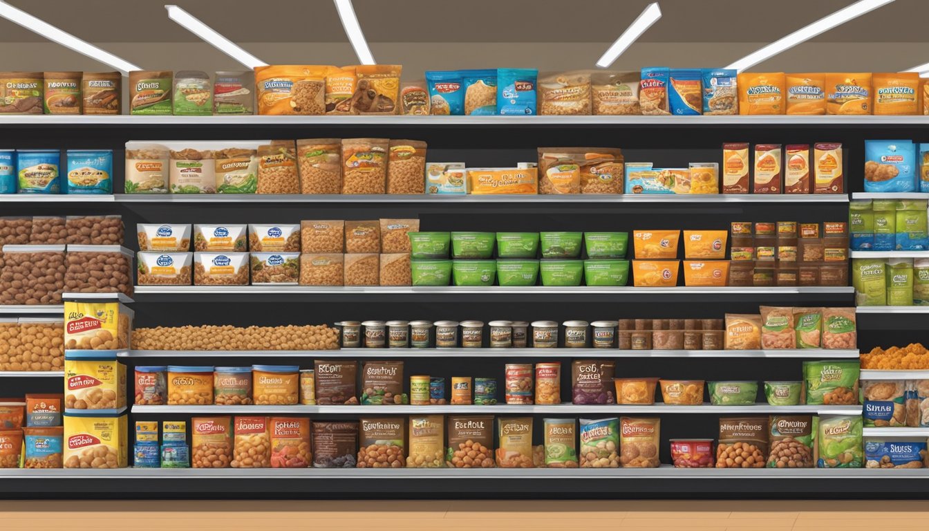 A display of various dog food products on shelves in a Stater Bros market