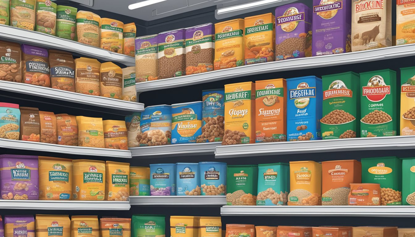 A variety of dog food brands and flavors on display in the pet food aisle at Brookshire's grocery store