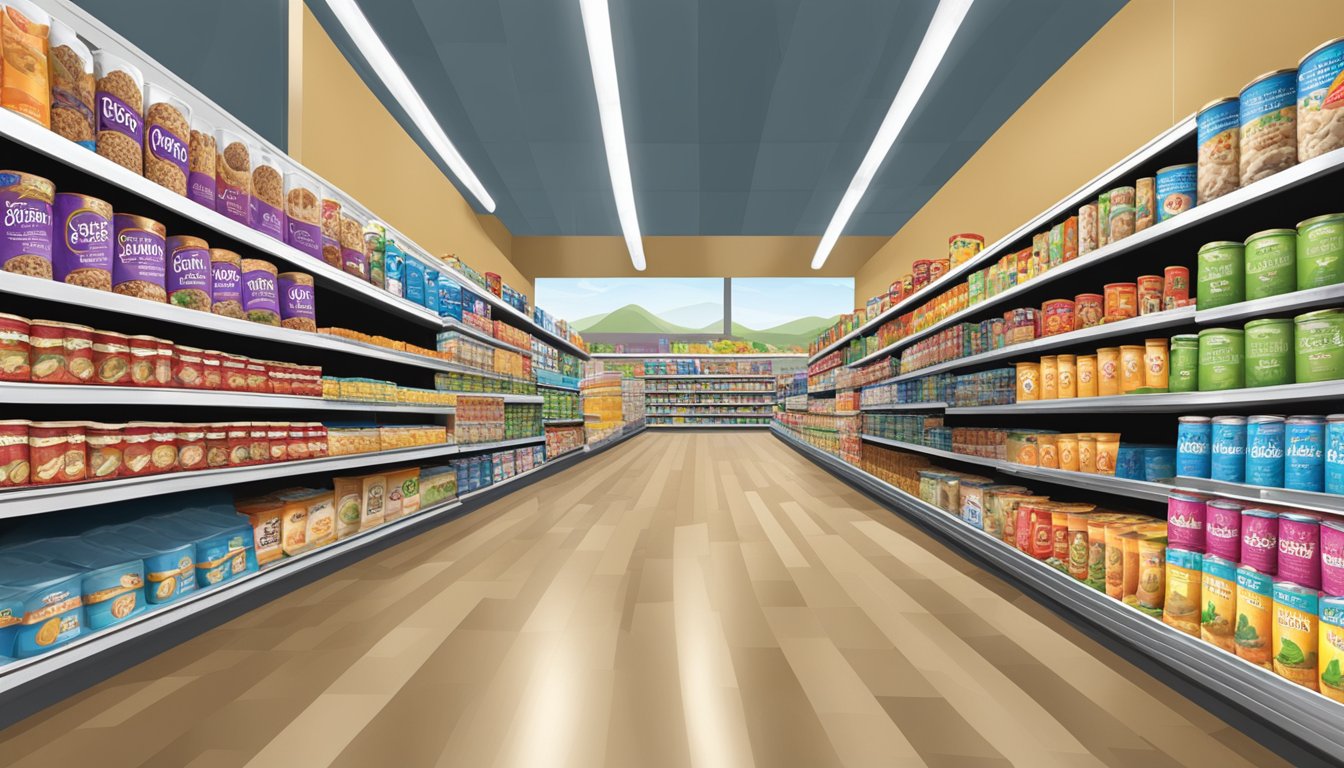 Aisle of Stater Bros Markets filled with various brands of dog food cans and bags