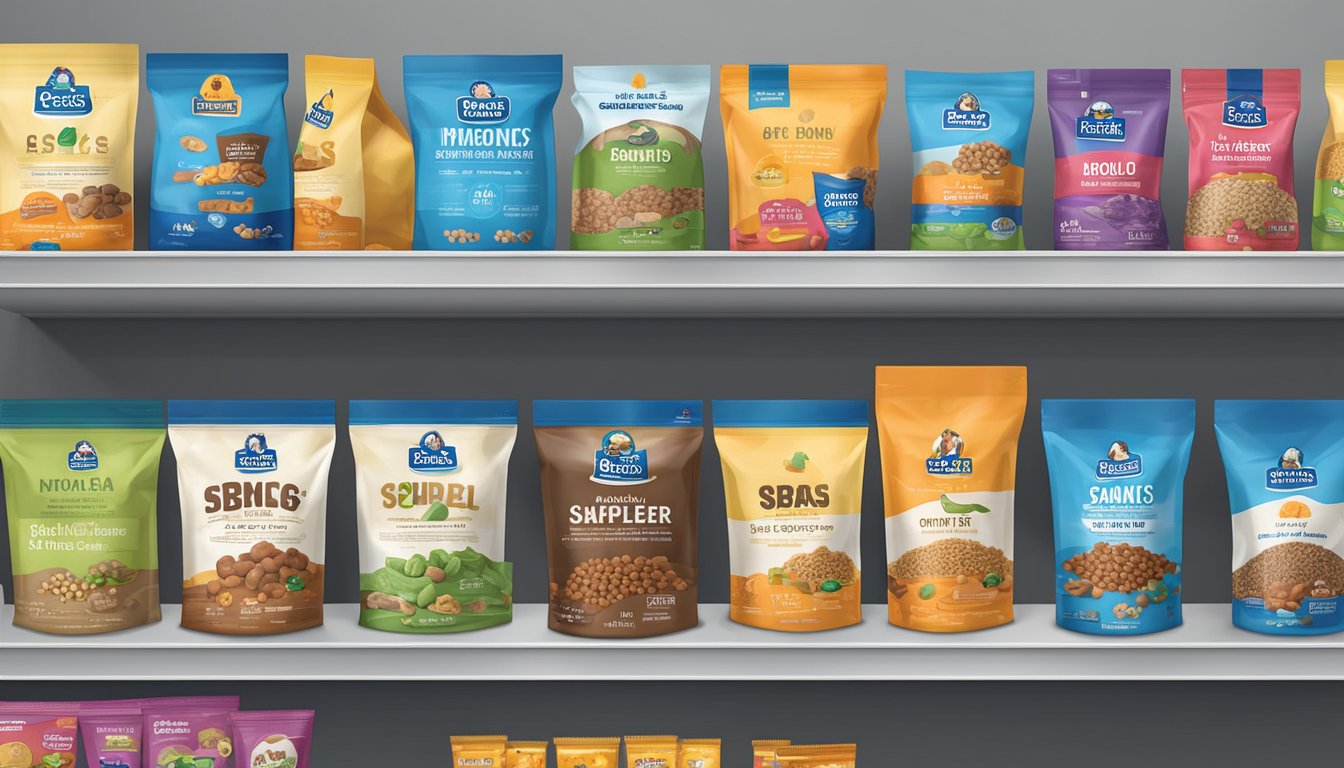 A variety of dog food bags, bowls, and treats displayed on shelves at a Sams Club store