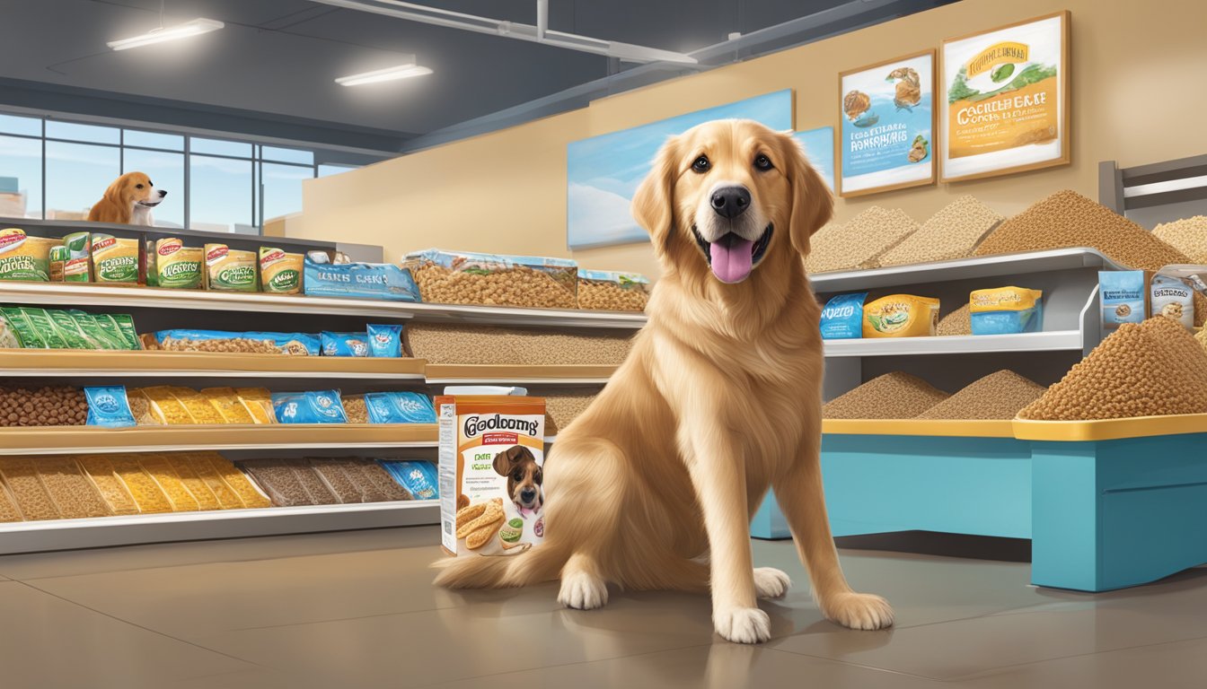 A playful dog enjoys a scoop of Goldenbrook ice cream next to a display of Brookshire's dog food at the grocery store