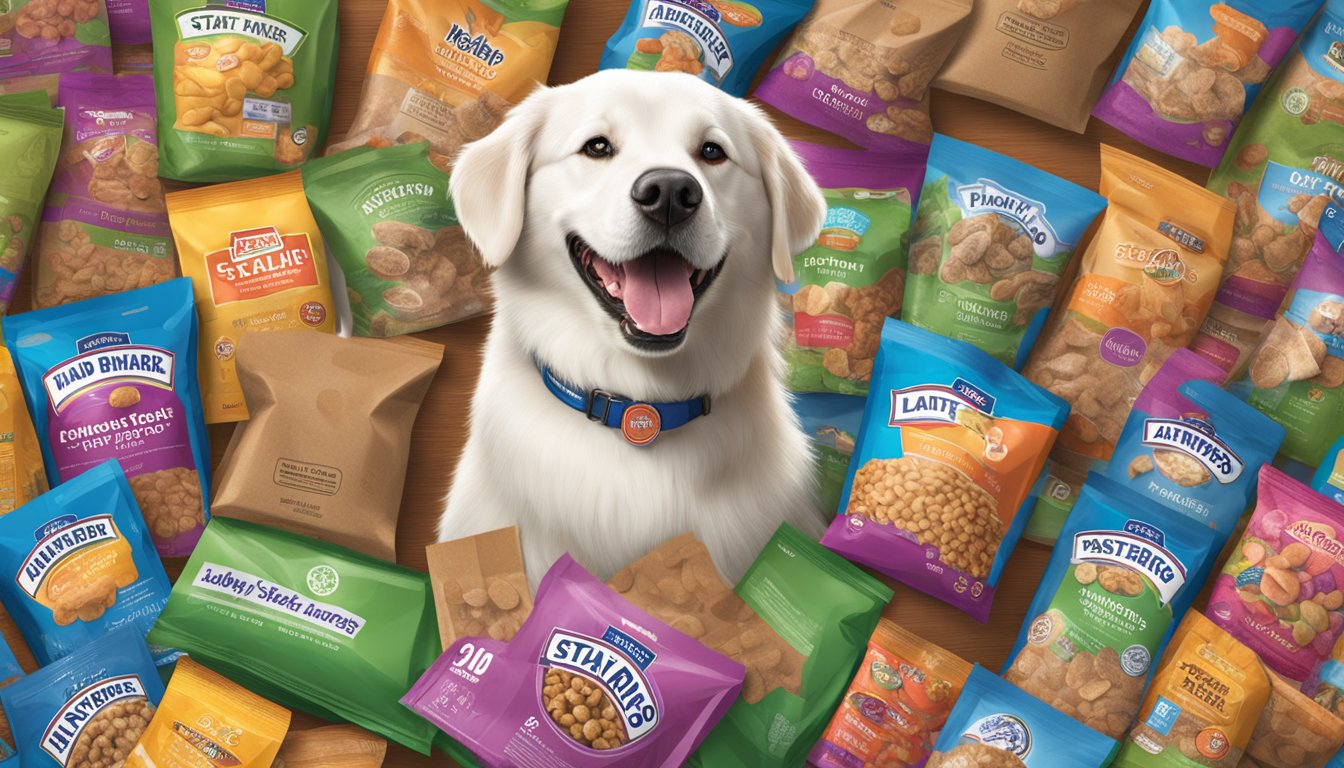 A happy dog surrounded by bags of Stater Bros Markets dog food, with a loyalty and rewards program card visible