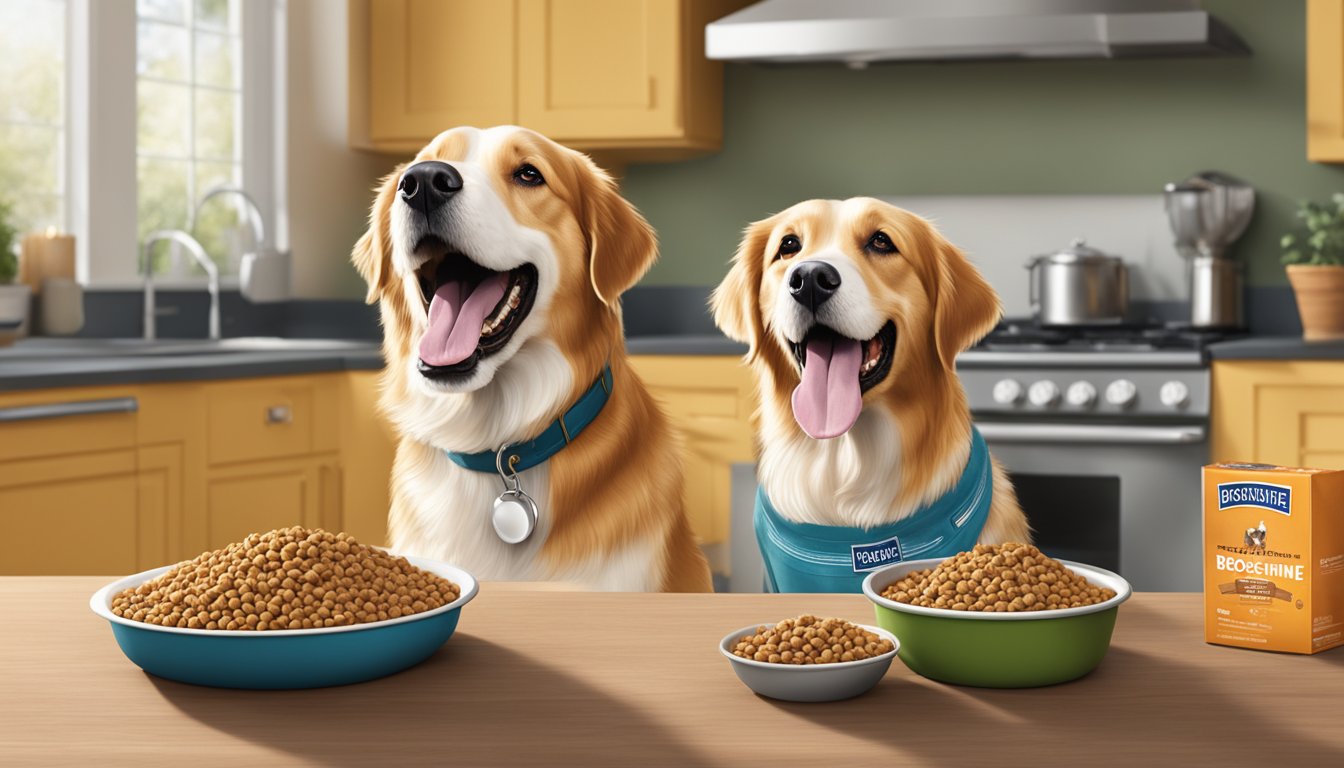 A happy dog eagerly eating from a bowl of Brookshire's Private Label Brands dog food in a cozy kitchen setting