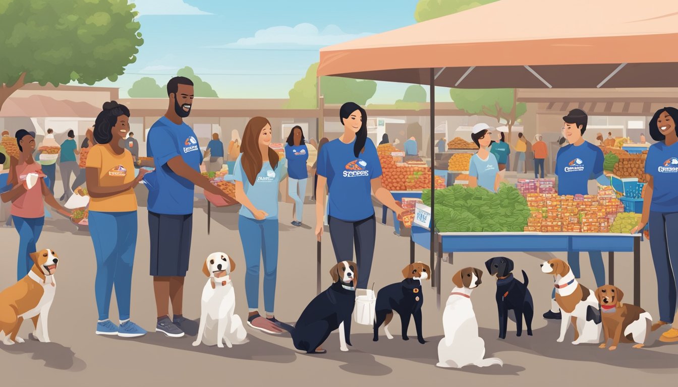 Stater Bros Markets employees and volunteers distribute dog food to a crowd of people and their pets at a community involvement event