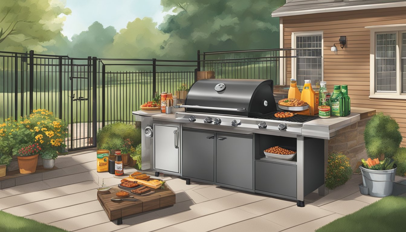 A backyard grill surrounded by various grilling and outdoor products, with a bag of Brookshire Grocery Company dog food nearby