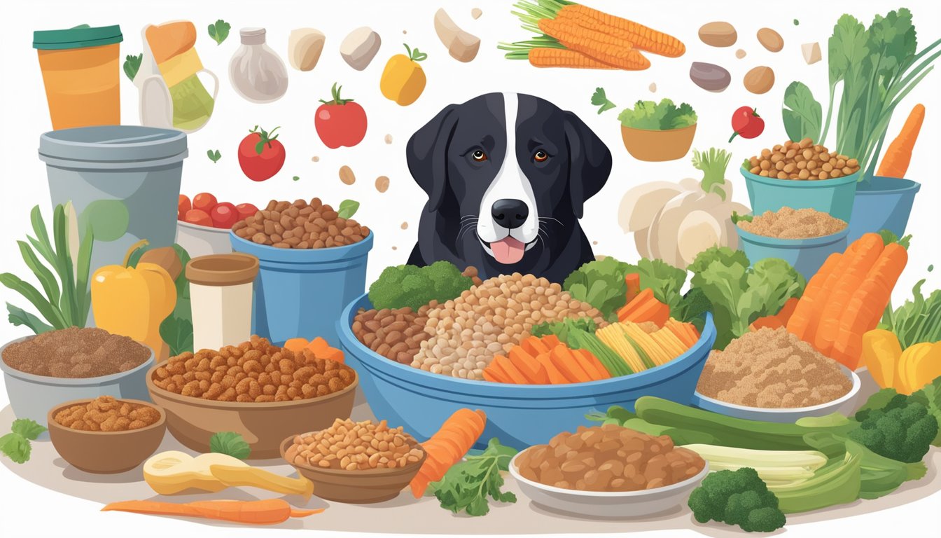 A dog happily eating from a bowl of Sam's Club dog food, surrounded by various healthy ingredients like meat, vegetables, and grains