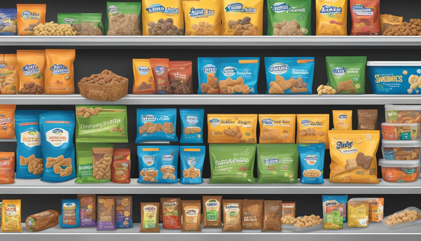 A variety of dog treats and add-ons displayed on shelves at a Sam's Club with bags of dog food in the background