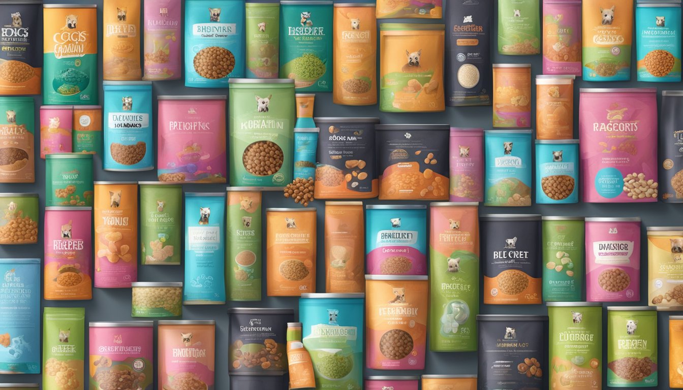 A display of various dog food products, with colorful packaging and trendy designs, arranged in an organized and appealing manner