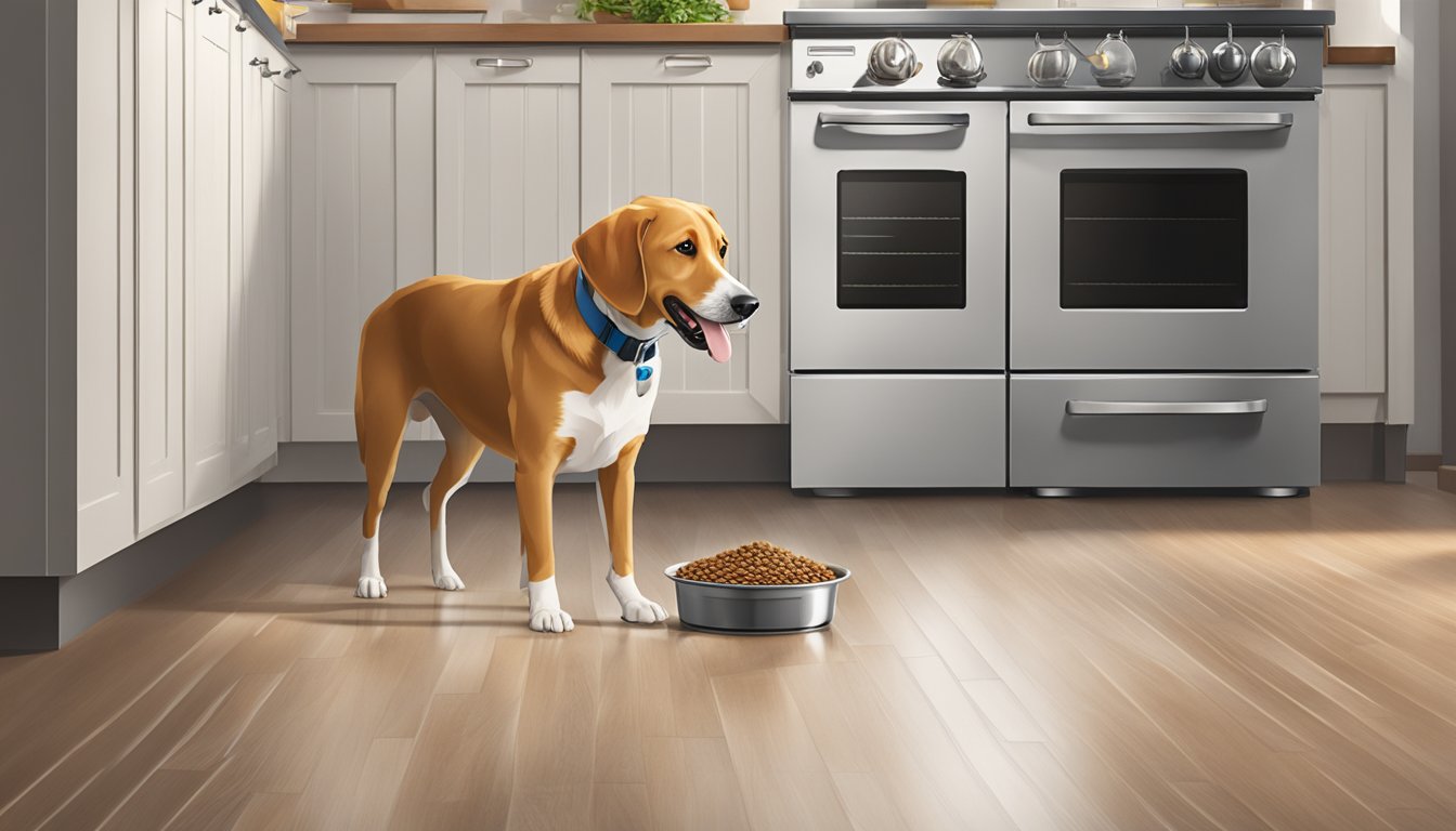 A dog happily eating Winco Foods brand dog food from a bowl on a clean kitchen floor