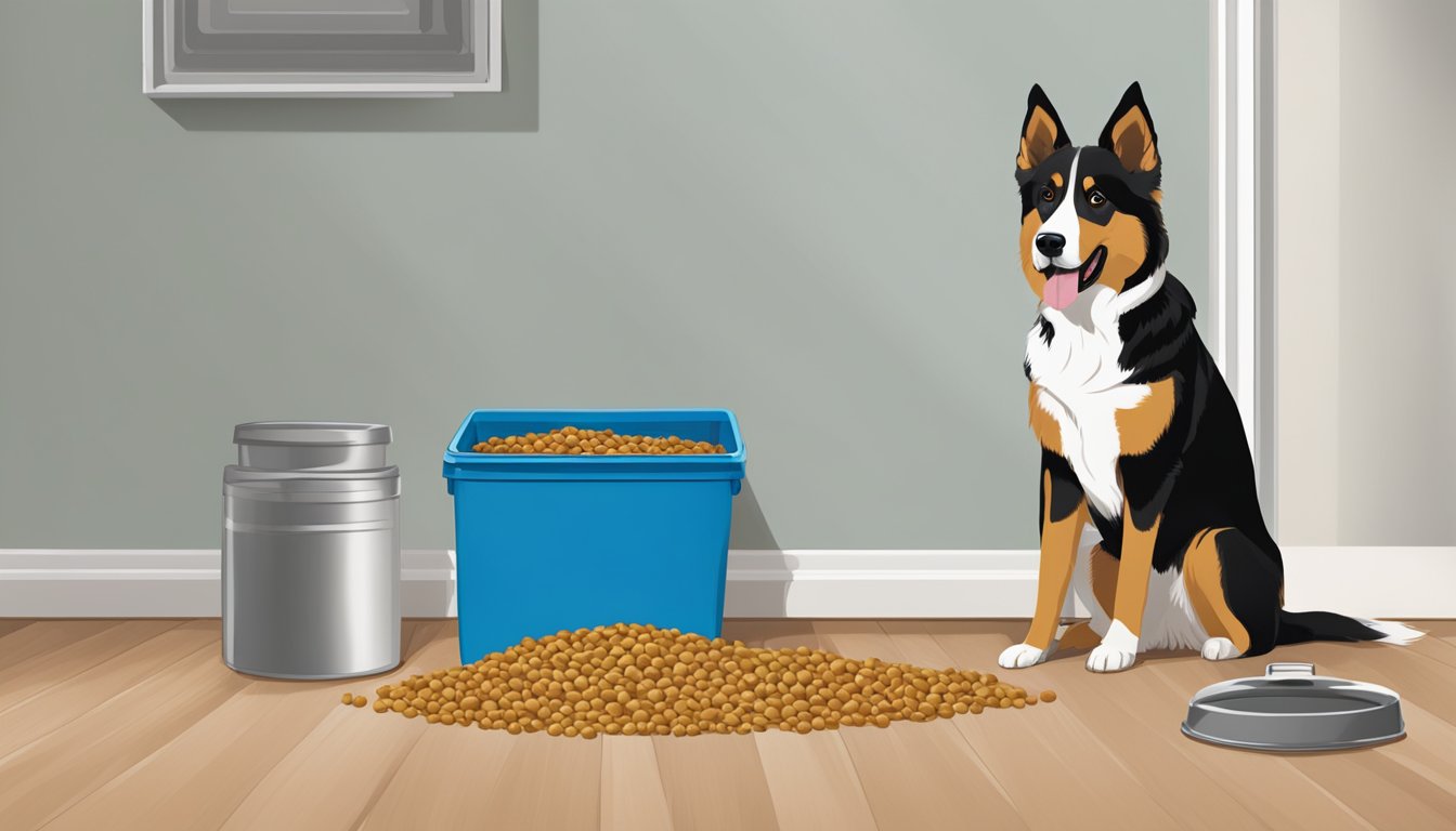 A dog food storage container being filled with kibble from a large bag, with a dog eagerly waiting nearby