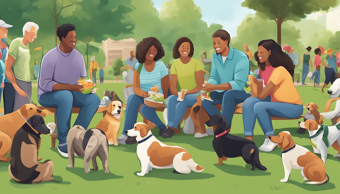 A group of people and their dogs gather at a local park for a community event hosted by Brookshire Grocery Company, featuring sustainable dog food and educational materials on environmental stewardship