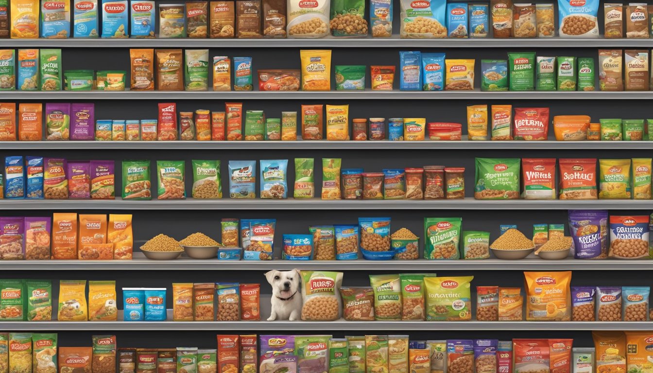 A variety of WinCo Foods dog food products displayed on shelves in a pet store