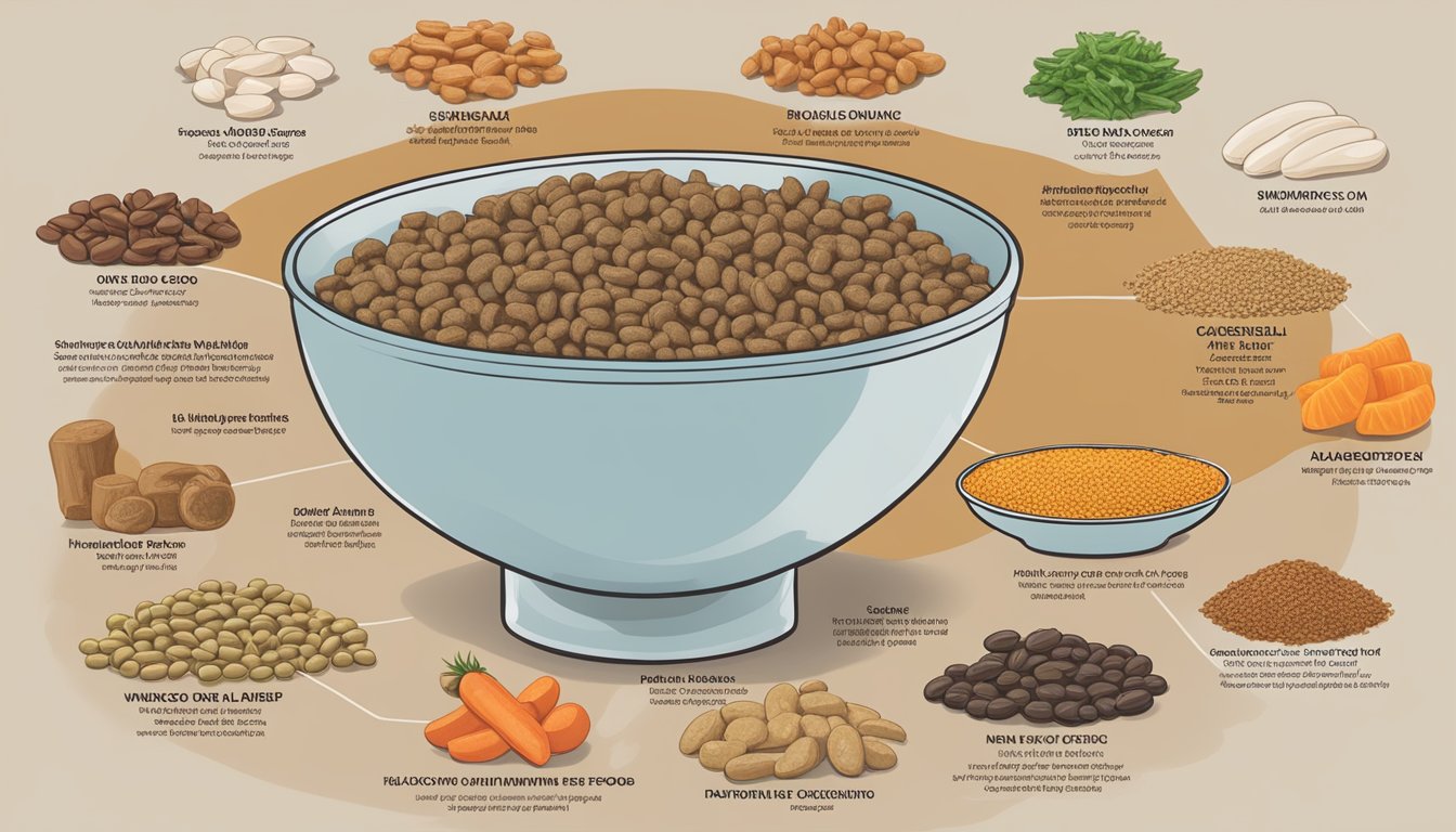 A bowl of WinCo Foods dog food surrounded by various ingredients and a nutrition label