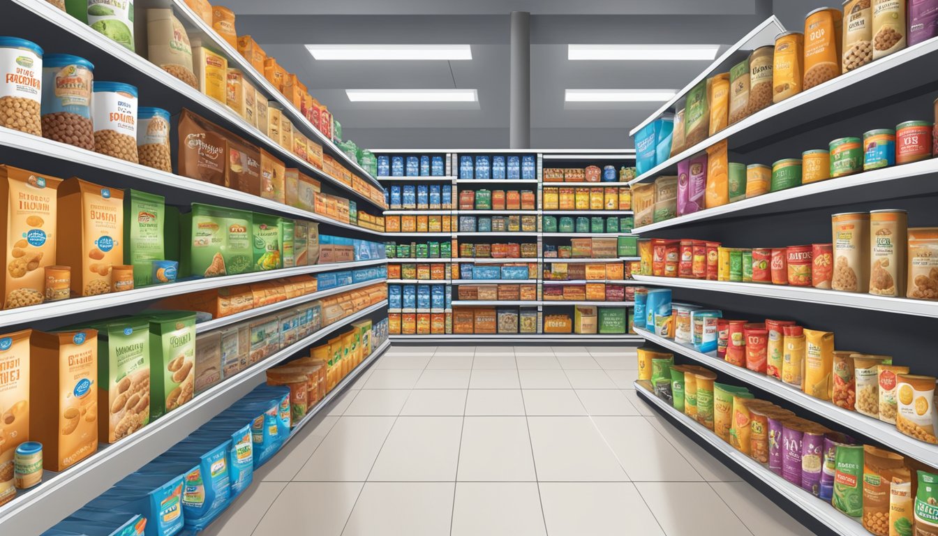 A variety of dog food bags and cans displayed on shelves in a store aisle