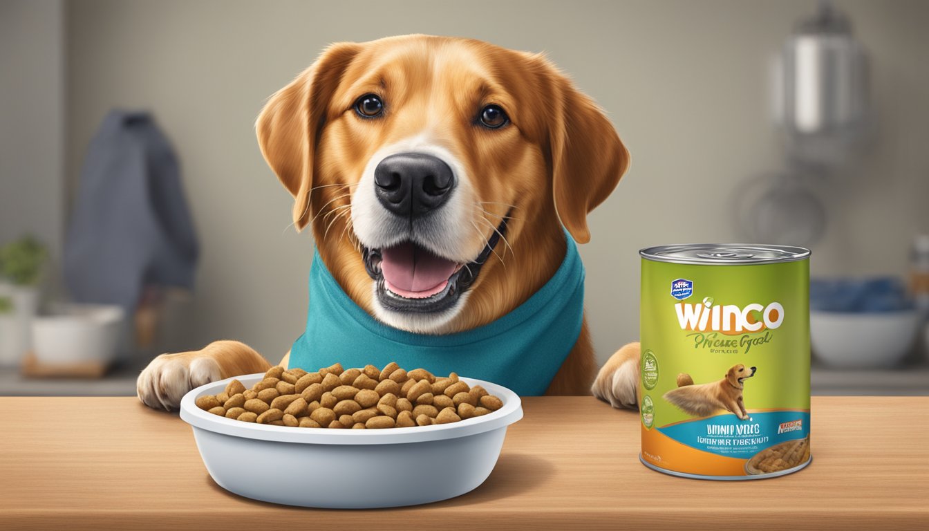 A happy dog eating from a bowl of Winco Foods dog food, with a bag of the product in the background