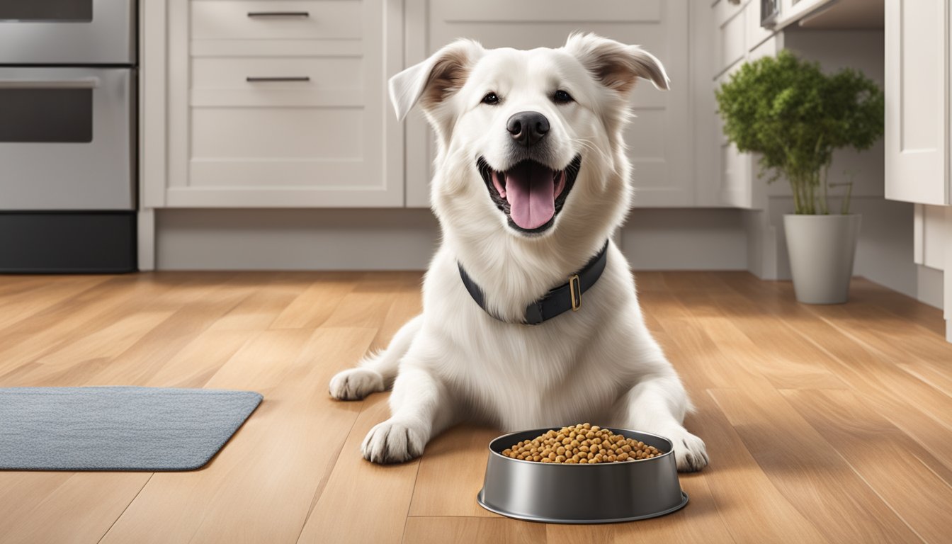 A happy dog eagerly eating WinCo Foods dog food from a bowl on a clean kitchen floor