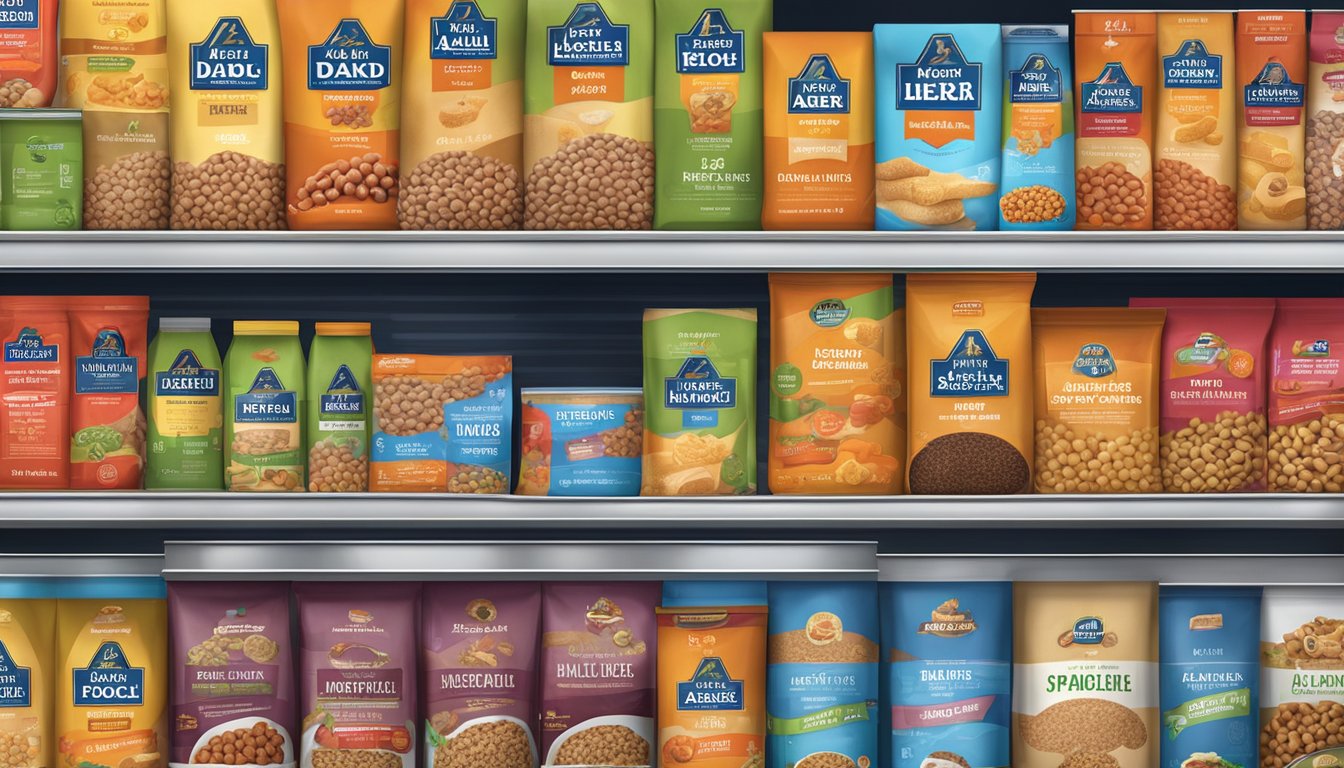 A variety of dog food products displayed on shelves in an Aldi store