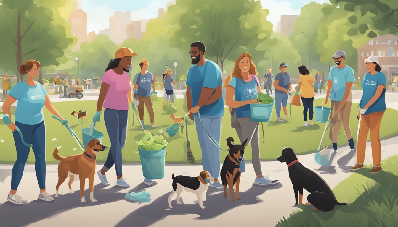 A group of people and their dogs gather to clean up a park, while a local grocery store donates sustainable dog food for the event