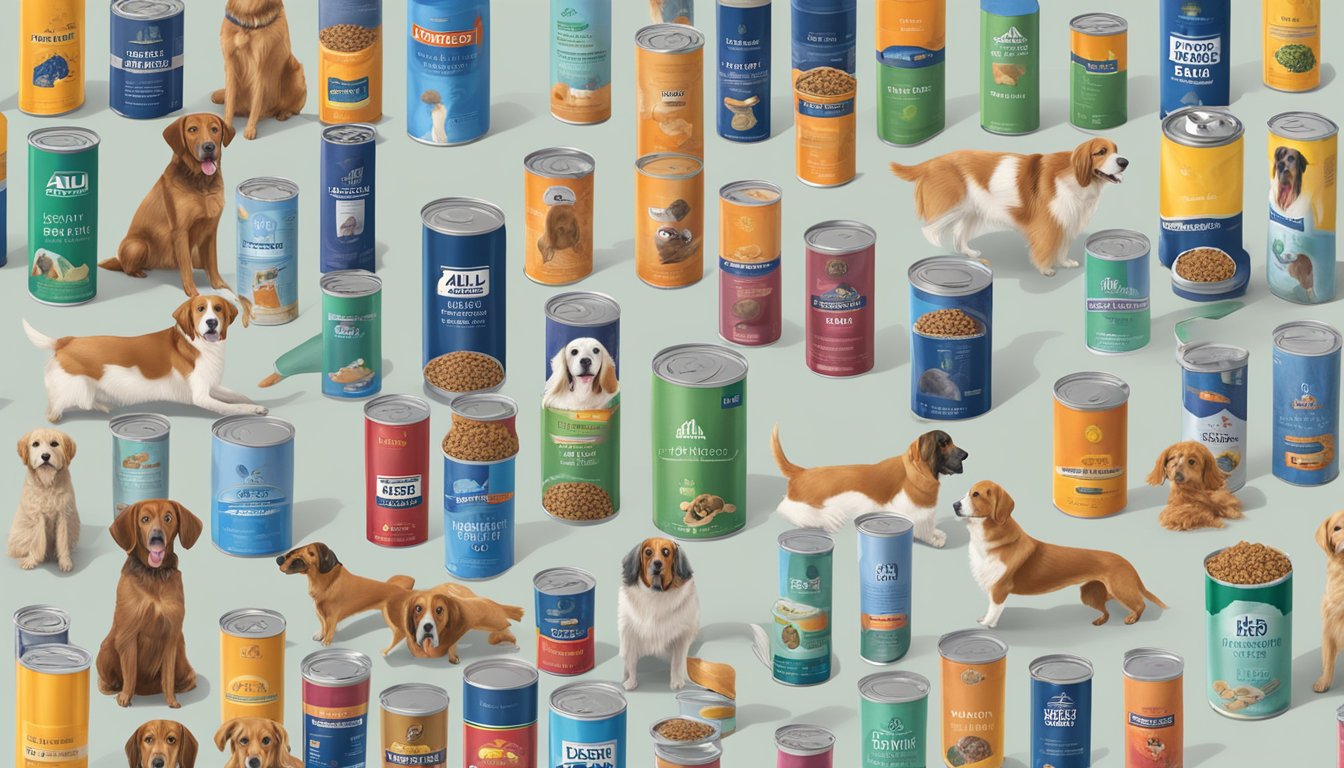 Various dog breeds with specific needs surrounded by Aldi dog food cans and bags