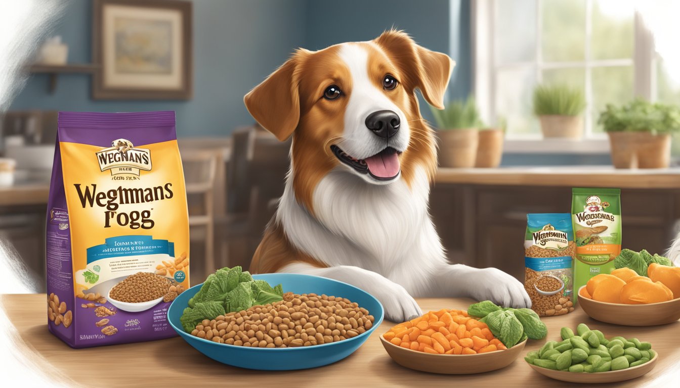 A happy dog eagerly eats from a bowl of Wegmans dog food, surrounded by fresh, high-quality ingredients and packaging