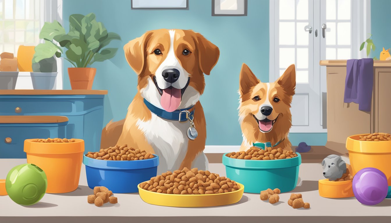 A dog happily eating a bowl of Aldi dog food, surrounded by various dog toys and a water bowl