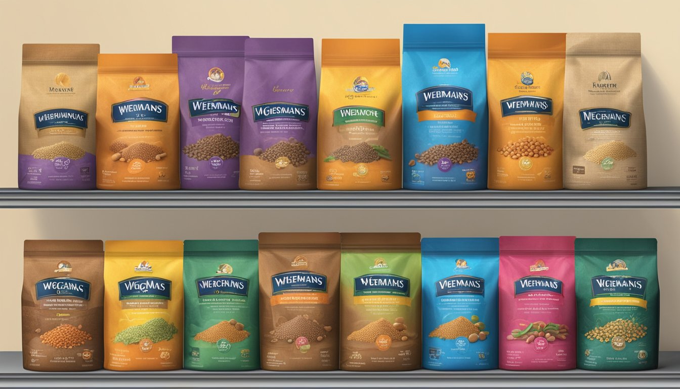 A variety of Wegmans dry dog food bags displayed on shelves with different flavors and sizes