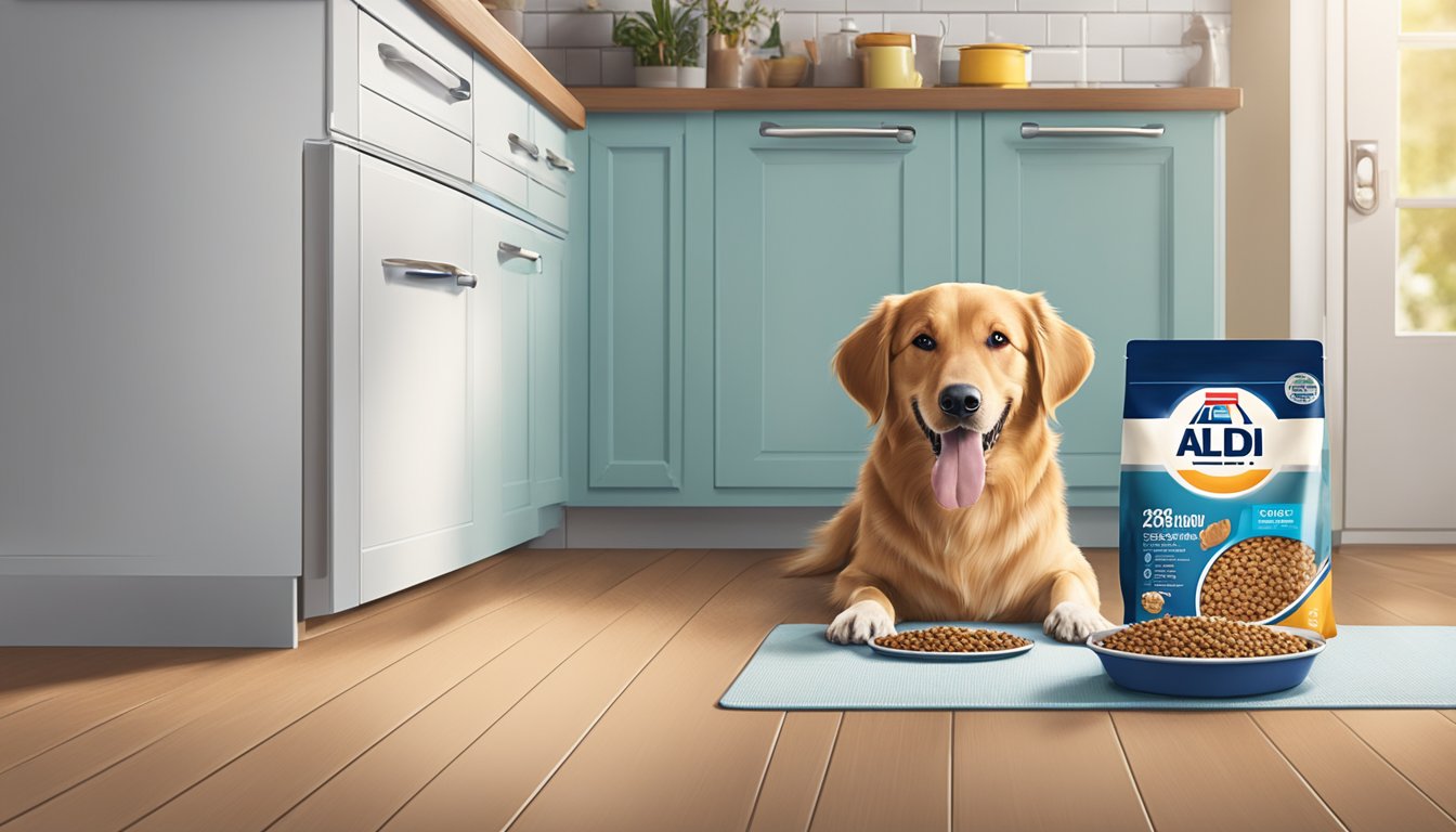 A dog happily eating Aldi brand dog food from a bowl on a clean kitchen floor