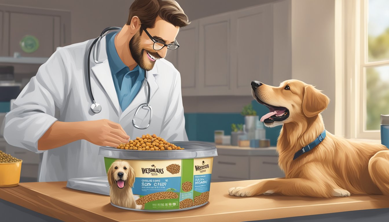 A dog happily eating Wegmans dog food while a veterinarian examines the packaging for safety