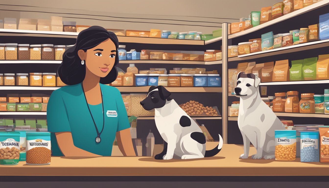 A pet nutritionist discussing Wegmans dog food with a concerned pet owner, surrounded by shelves of various pet food products