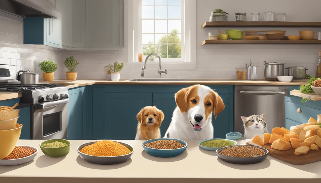 A dog and a cat eating Safeway brand pet food from separate bowls in a well-lit kitchen