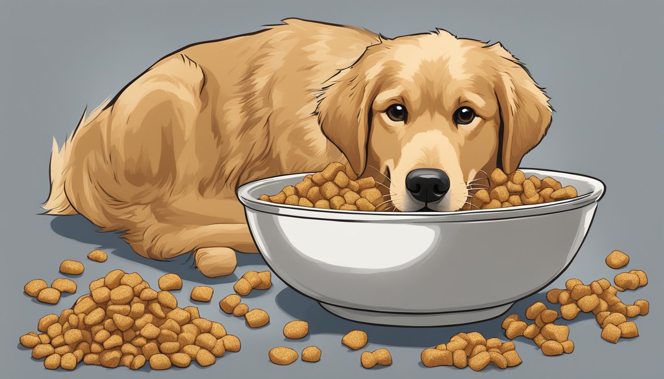 A golden retriever eagerly eats from a bowl of Albertsons brand dog food while wagging its tail. The food is a mix of kibble and meat chunks, with a few vegetables scattered throughout