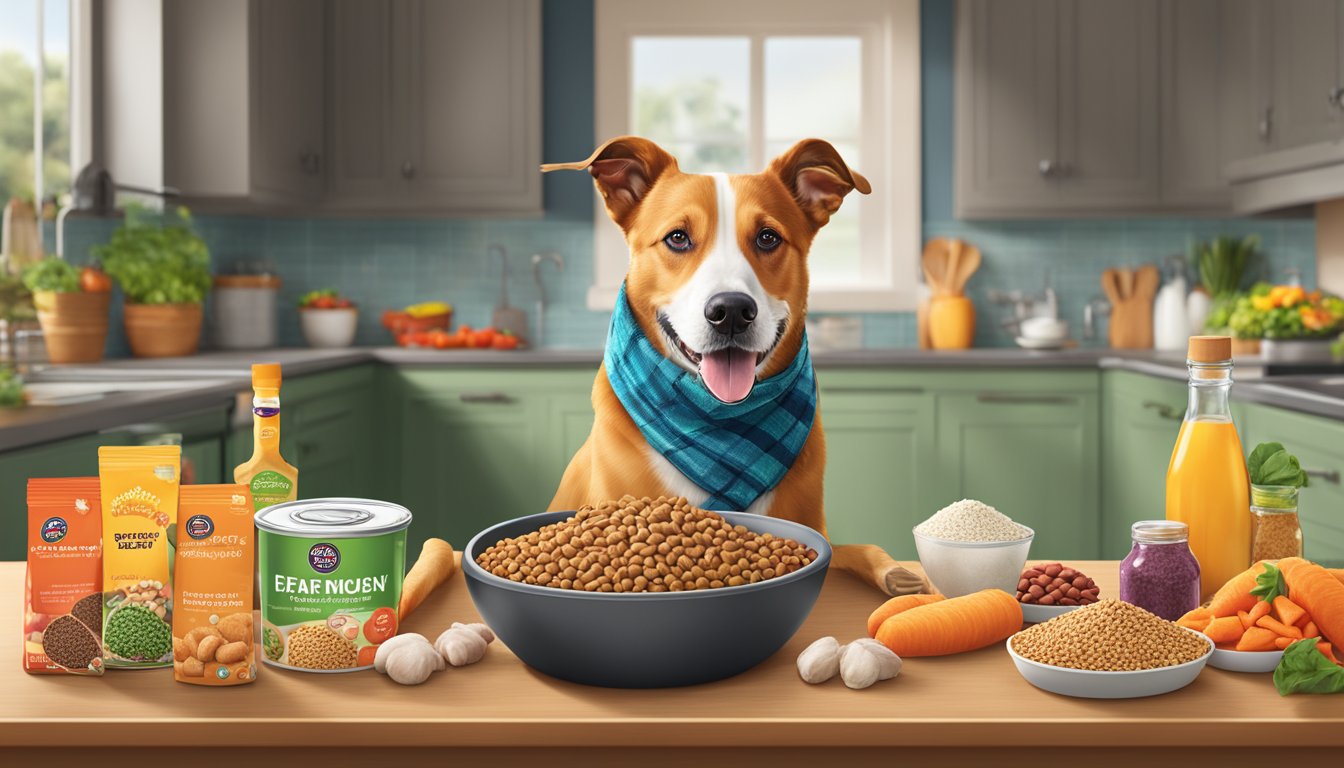 A happy dog eating Safeway dog food from a bowl, surrounded by vibrant and healthy-looking pet food ingredients like meat, vegetables, and grains