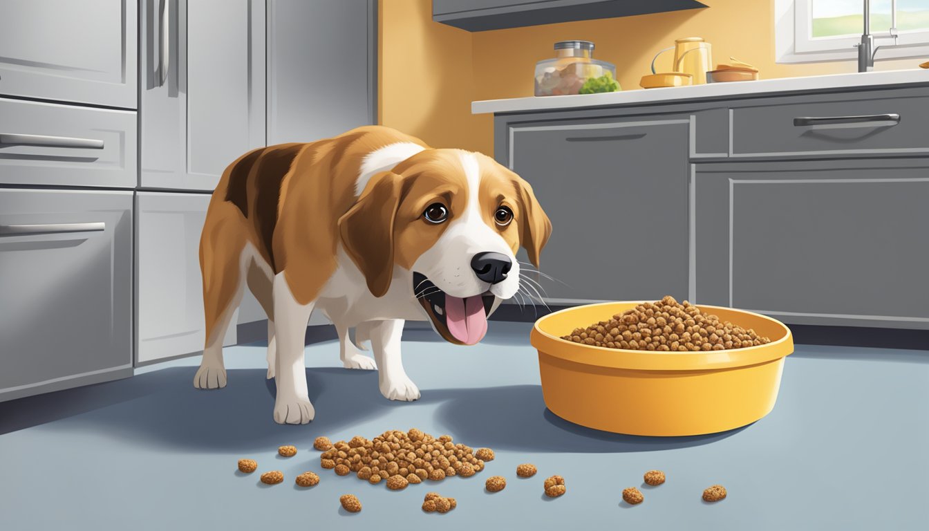 A dog happily eating Wegmans dog food from a bowl on a clean kitchen floor