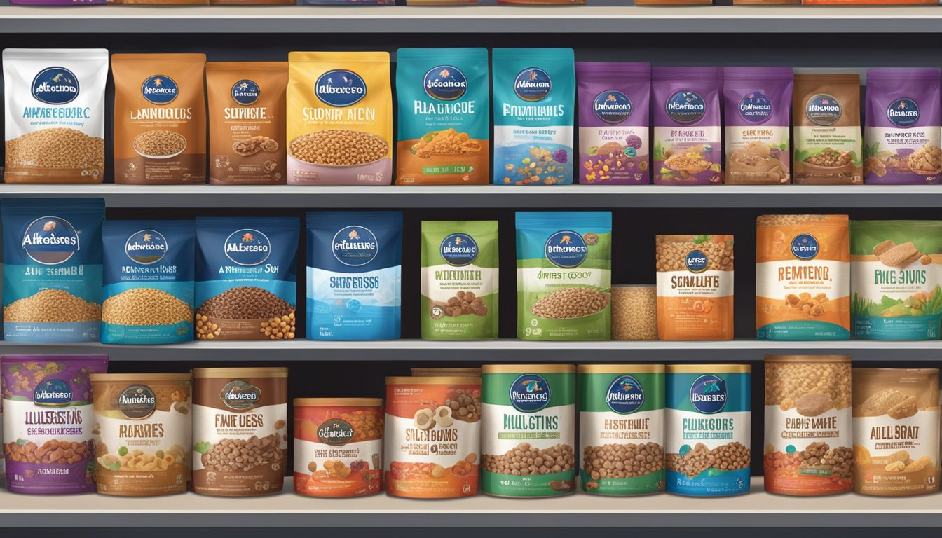 A variety of Albertsons brand dog food options displayed on shelves in a well-lit pet store