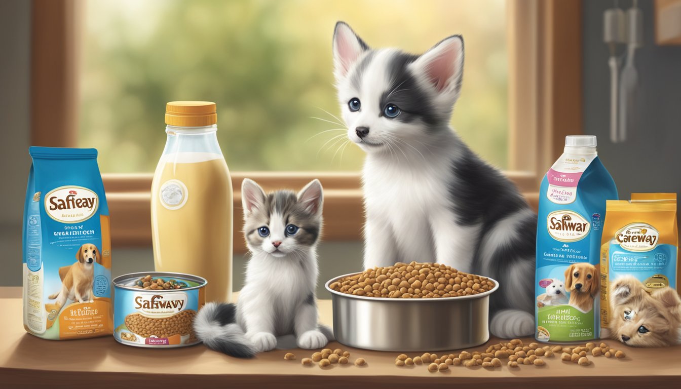 A playful kitten and puppy surrounded by bowls of Safeway dog food, milk, and feeding bottles